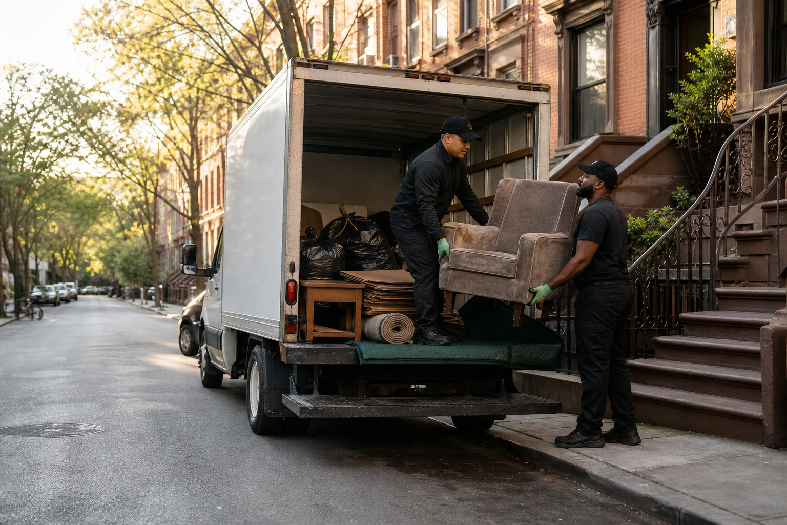 Two professional haulers loading furniture into a box truck